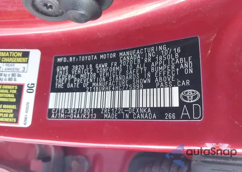 2017 Toyota Corolla Le z USA, uszkodzony, nr VIN 2T1BURHE4HC775999